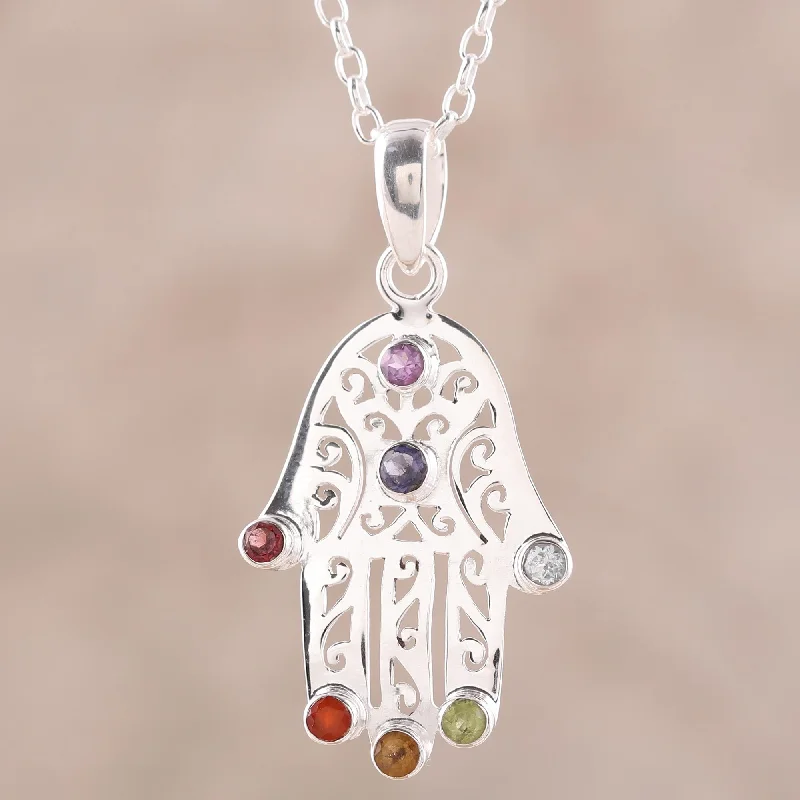 Unique necklaces and pendants with custom birthstone arrangements for personalization-Hamsa Chakra Multi-Gemstone Hamsa Chakra Pendant Necklace from India