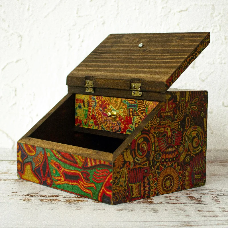 Stylish necklaces and pendants with diamonds for a glamorous and elegant look-Huichol Essence Huichol Cosmogony on 6-Inch Decoupage Wood Jewelry Box