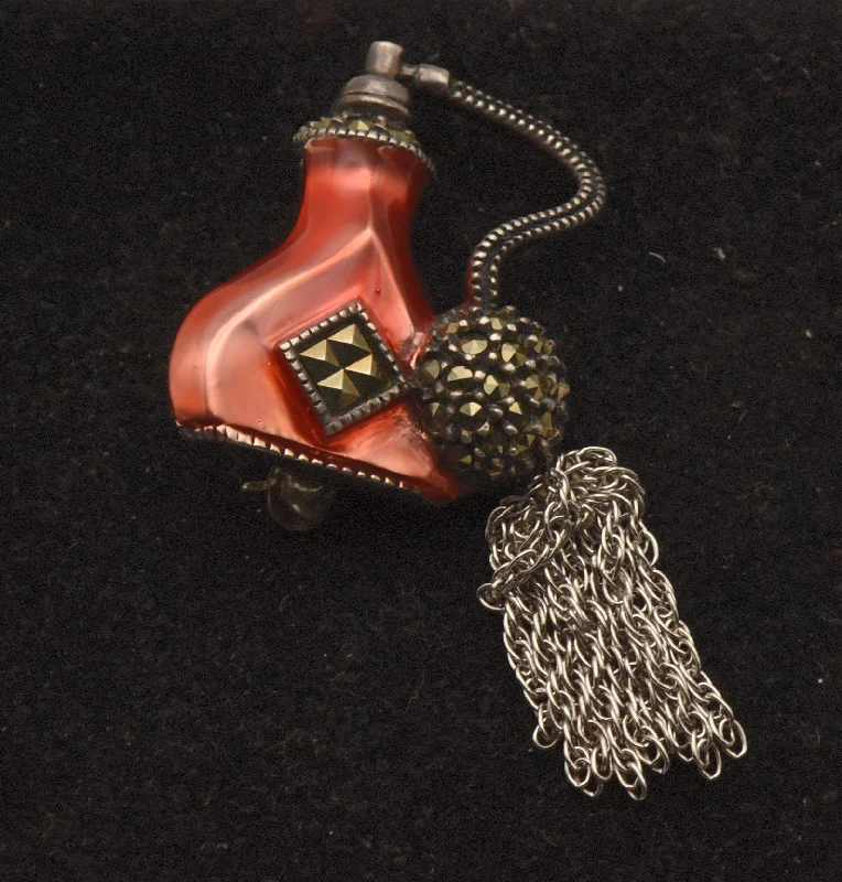 Necklaces and pendants with love knot designs for a romantic, meaningful symbol-Judith Jack - Vintage Sterling Silver Enamel and Marcasite Perfume Atomizer Brooch