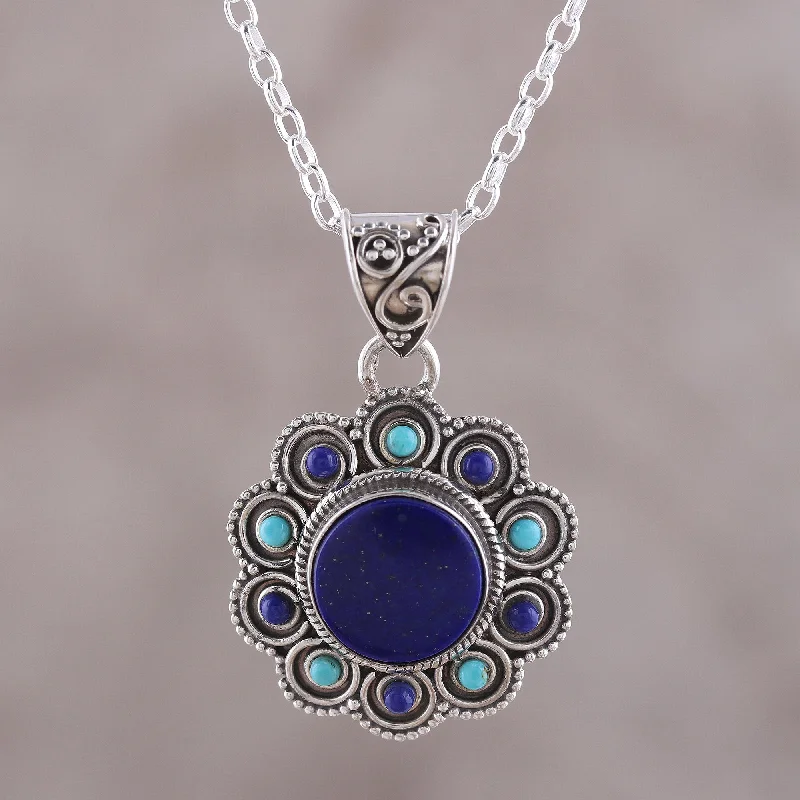 Unique necklaces and pendants with gemstones for a colorful and vibrant statement-Magical Bloom Lapis Lazuli and Composite Turquoise Flower Pendant Necklace