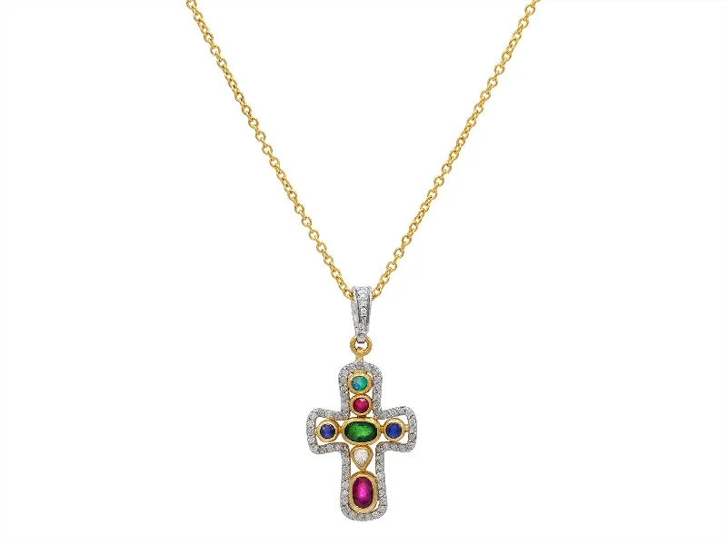 Simple necklaces and pendants with tiny charms for a delicate and casual vibe-Mixed-Stone & Diamond Cross Pendant Necklace