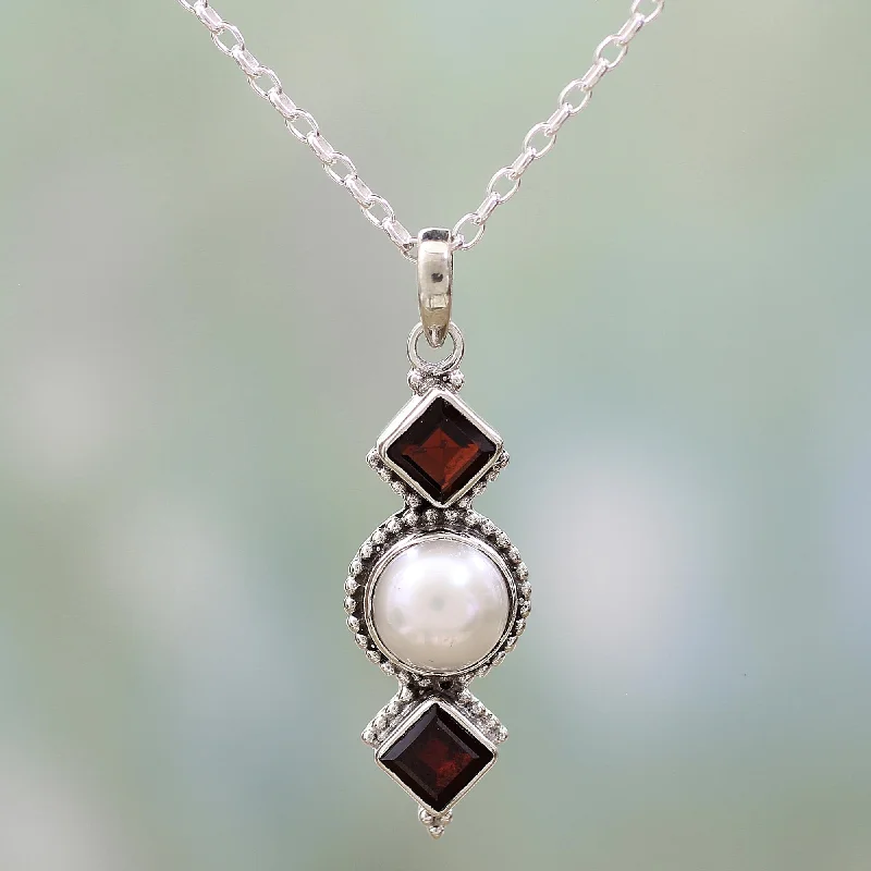 Stunning necklaces and pendants with ruby gemstones for a luxurious red hue-Red Guardians Garnet & Pearl Necklace