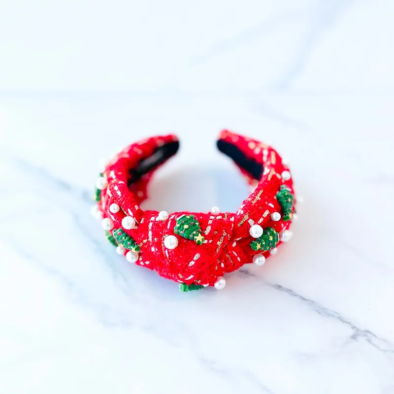 Elegant necklaces and pendants with infinity symbols for timeless designs-Red Tweed Christmas Tree Headband