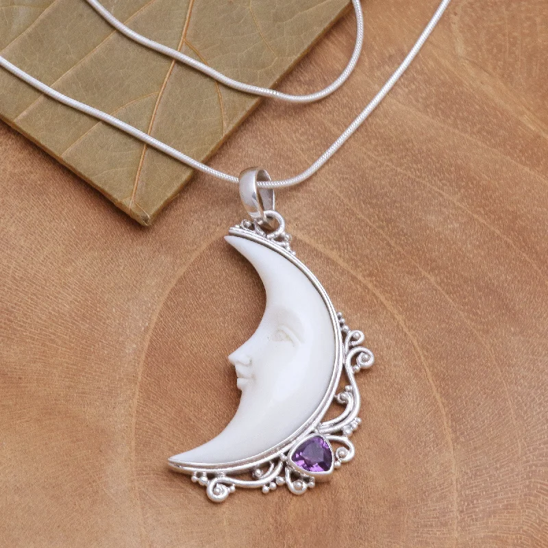 Necklaces and pendants with star-shaped designs for a whimsical, celestial touch-Resting Moon Amethyst and Bone Crescent Moon Pendant Necklace from Bali