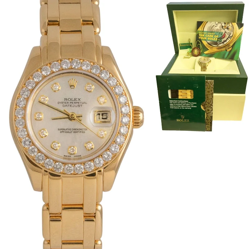 Best necklaces and pendants for weddings with matching designs for bride and groom-Rolex DateJust 69298 Pearlmaster 18k Yellow Gold Diamond Bezel MOP Dial 29mm BOX