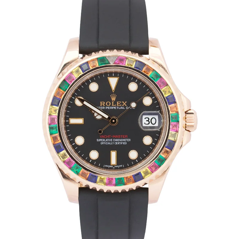 Best necklaces and pendants with opal gemstones for an iridescent glow-Rolex Yacht-Master 18k Rose Gold RAINBOW SAPPHIRE Black Oysterflex 37mm 268655