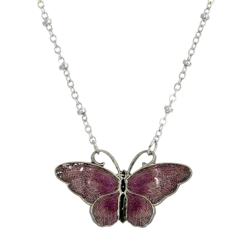 Necklaces and pendants with custom engravings for a personal, meaningful gift-1928 Jewelry® Silver-Tone Purple And Black Enamel Butterfly Necklace 16”Adj.