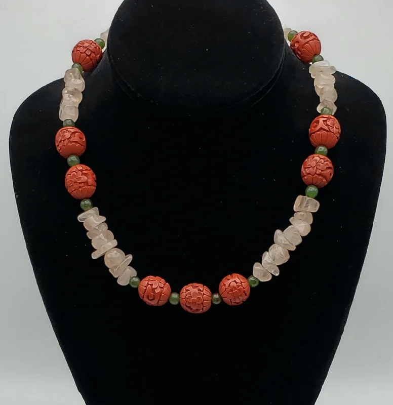 Best necklaces and pendants with turquoise stones for a vibrant boho-chic look-Vintage Rose Quartz, Jade and Faux Cinnabar Bead Necklace - 18"