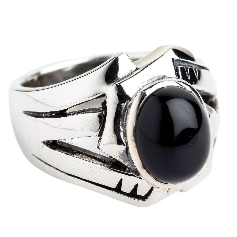 Rings with peacock ore for iridescent glow -Black Onyx Sterling Silver Rocker Men's Ring