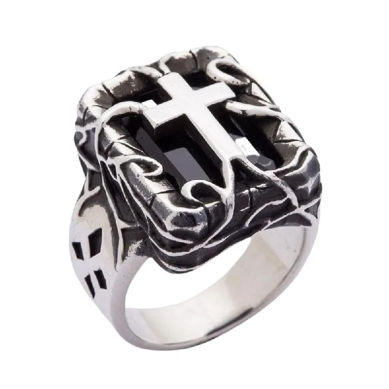 Rings with wide bands for statement wear -Black Stone 925 Sterling Silver Gothic Cross Men's Ring