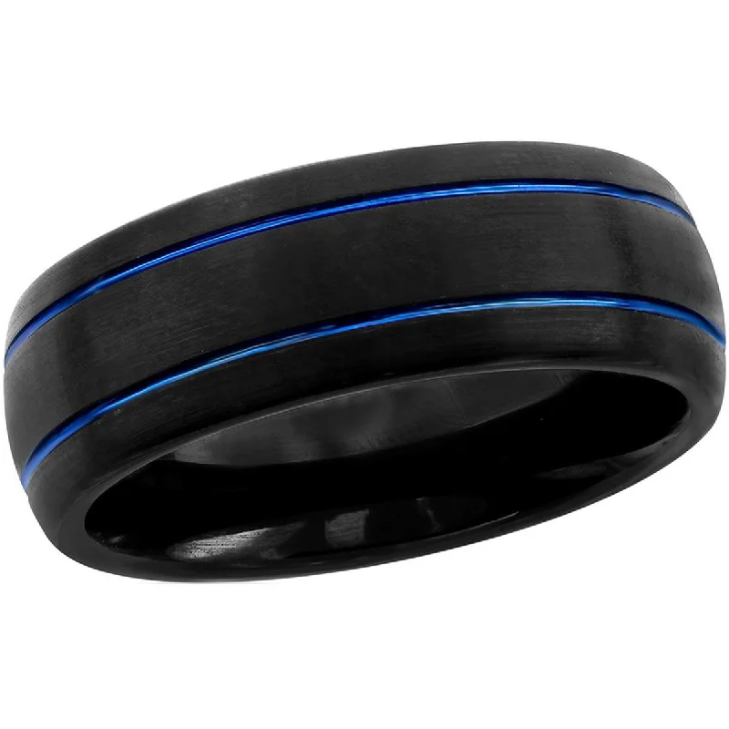 Rings with polished onyx for sleek contrast -Blackjack Men's Black and Blue Stripe Ring - SW-2086