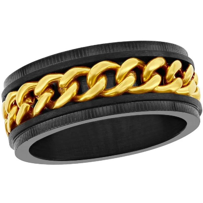 Rings with wave patterns for ocean vibes -Blackjack Men's Black and Gold Curb Link Ring - SW-2090