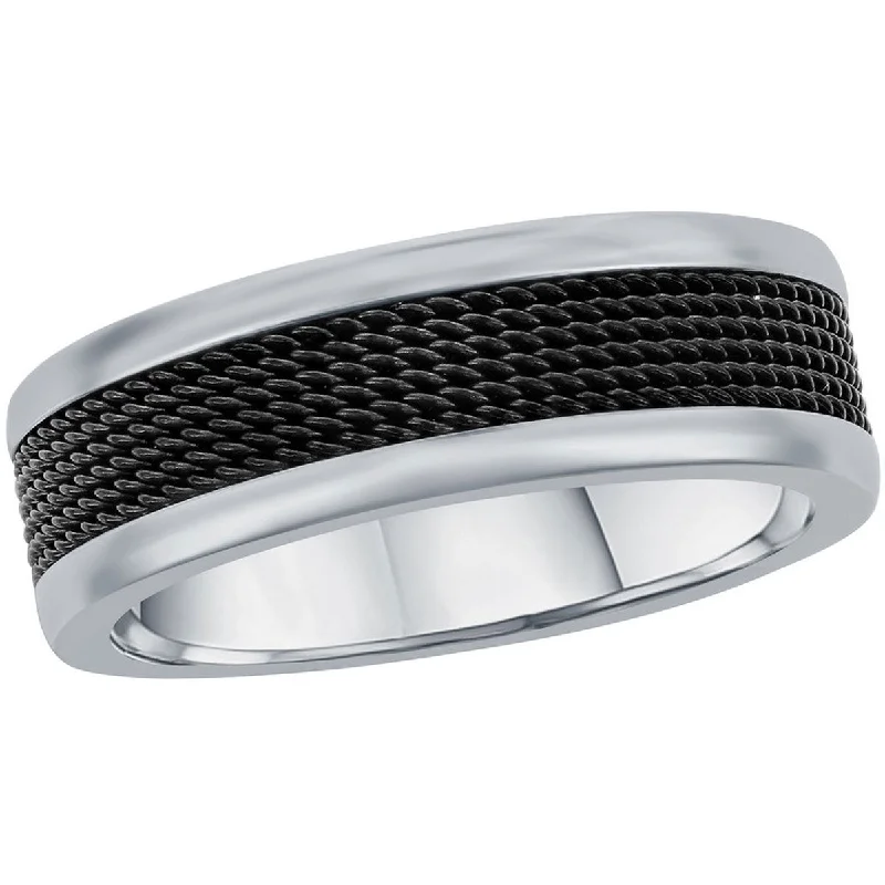 Rings with wide bands for statement wear -Blackjack Men's Black Mesh Inlay Polished Ring - SW-2114