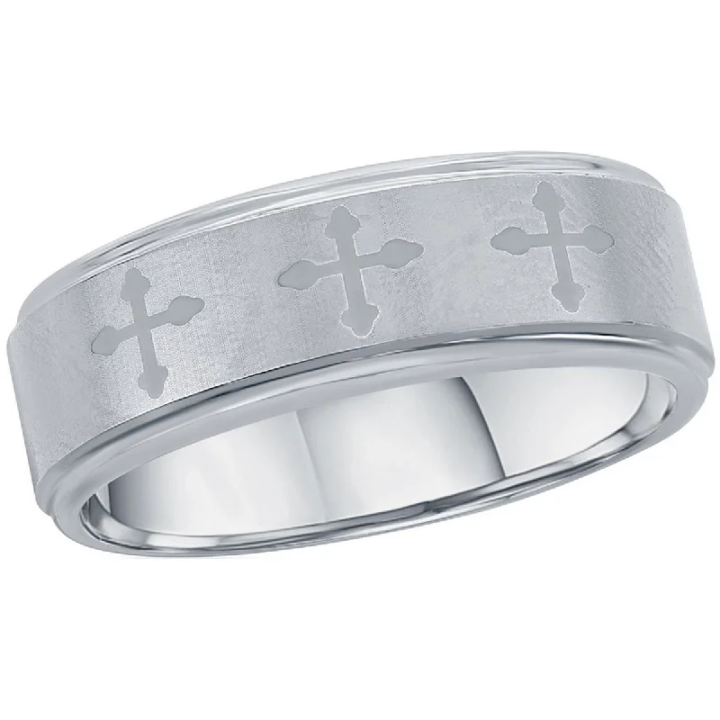 Rings with hexagon-cut stones for trendiness -Blackjack Men's Brushed Cross Tungsten Ring - SW-2122