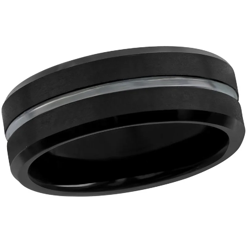 Rings with hammered silver for rustic appeal -Blackjack Men's Polished Black Tungsten Ring - SW-2075