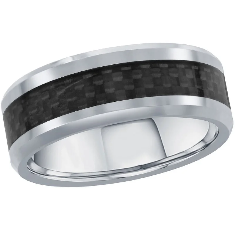 Rings with etched floral bands for detail -Blackjack Men's Silver and Carbon Fiber Ring - SW-2072