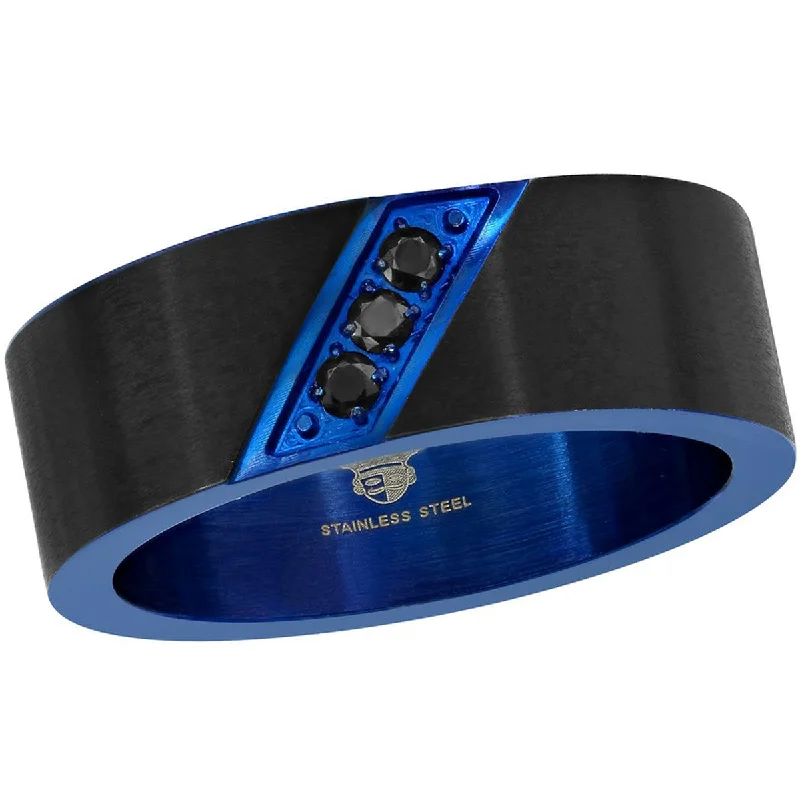 Rings with raw jade for natural calm -Blackjack Men's Steel Black and Blue CZ Ring - SW-2084