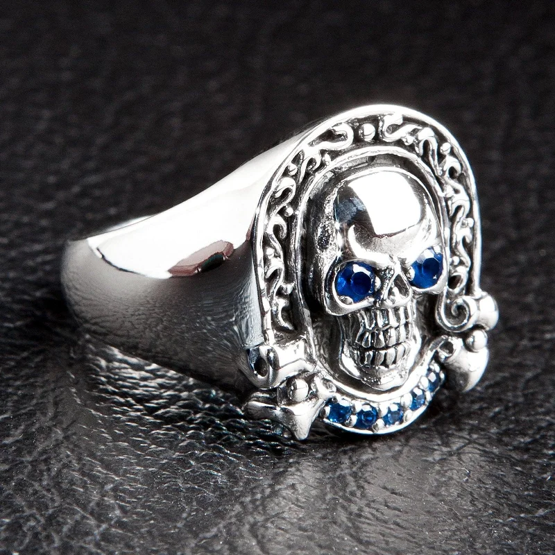 Rings with starburst topaz for radiant beauty -Blue Eyes Designer Rider Sterling Silver Skull Ring