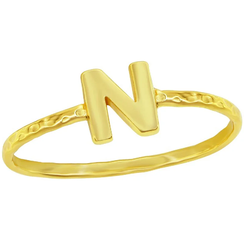 Rings with citrine stones for sunny vibes -Classic Unisex Gold Tone N Initial Hammered Ring - W-2829