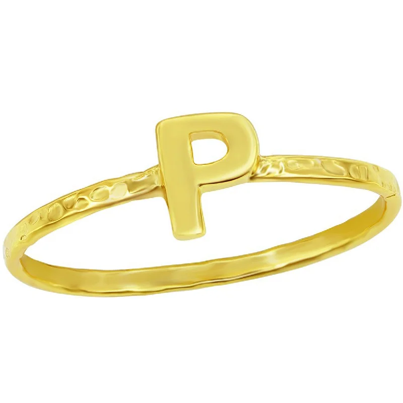 Titanium rings with rugged brushed metal look -Classic Unisex Gold Tone P Initial Hammered Ring - W-2830