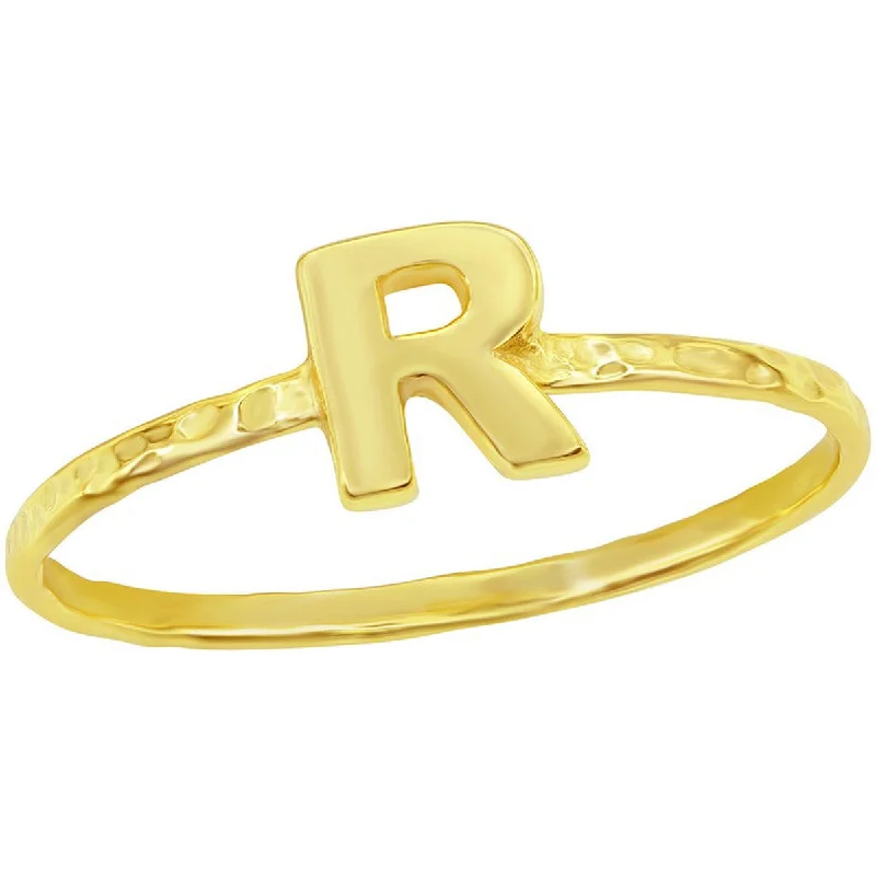 Rings with birthstone clusters for personalization -Classic Unisex Gold Tone R Initial Hammered Ring - W-2831