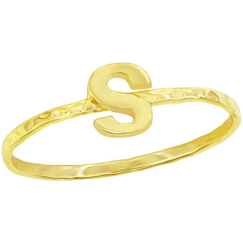 Rings with bold ruby stones for drama -Classic Unisex Gold Tone S Initial Hammered Ring - W-2832