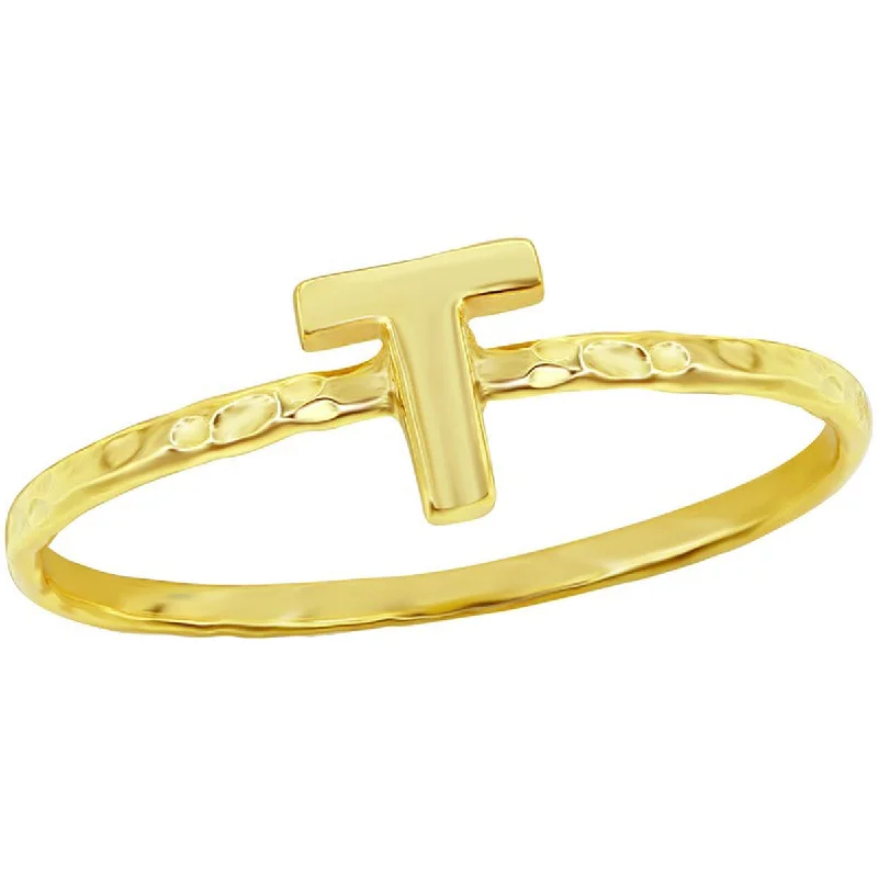 Stackable rings with mixed metal finishes -Classic Unisex Gold Tone T Initial Hammered Ring - W-2833