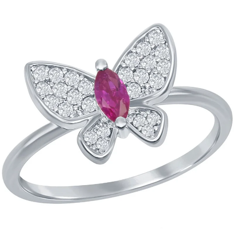 Rings with herkimer diamonds for raw clarity -Classic Women's Butterfly White and Ruby CZ Ring - W-2586