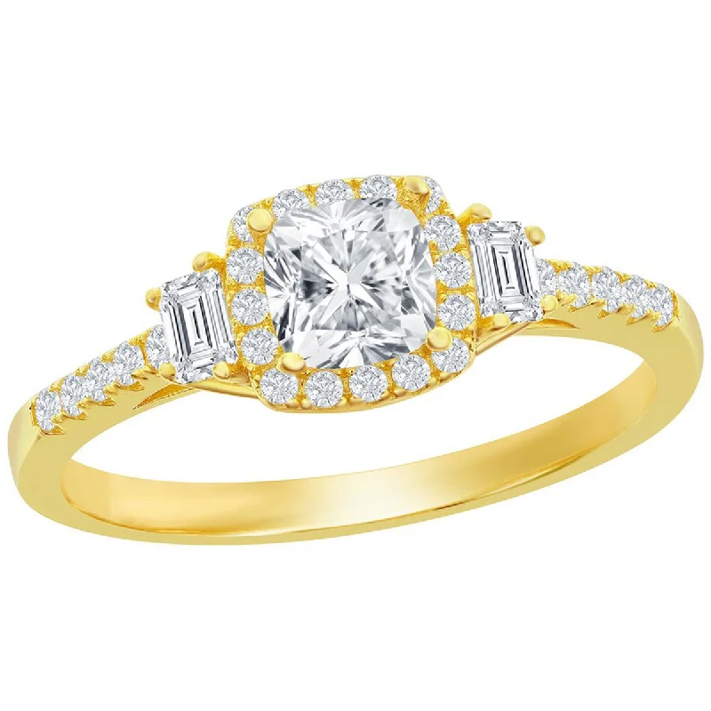 Vintage rings with engraved floral band designs -Classic Women's Gold Cushion Cut White CZ Ring - W-2847