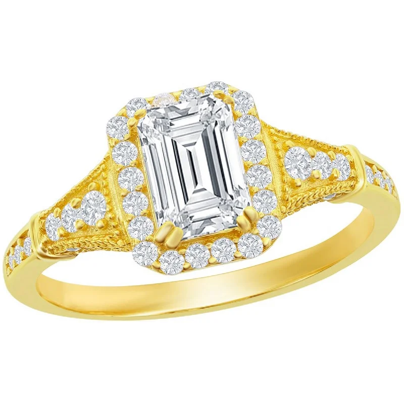 Handcrafted rings with raw emerald rough stones -Classic Women's Gold Emerald-Cut CZ Vintage Ring - W-2844