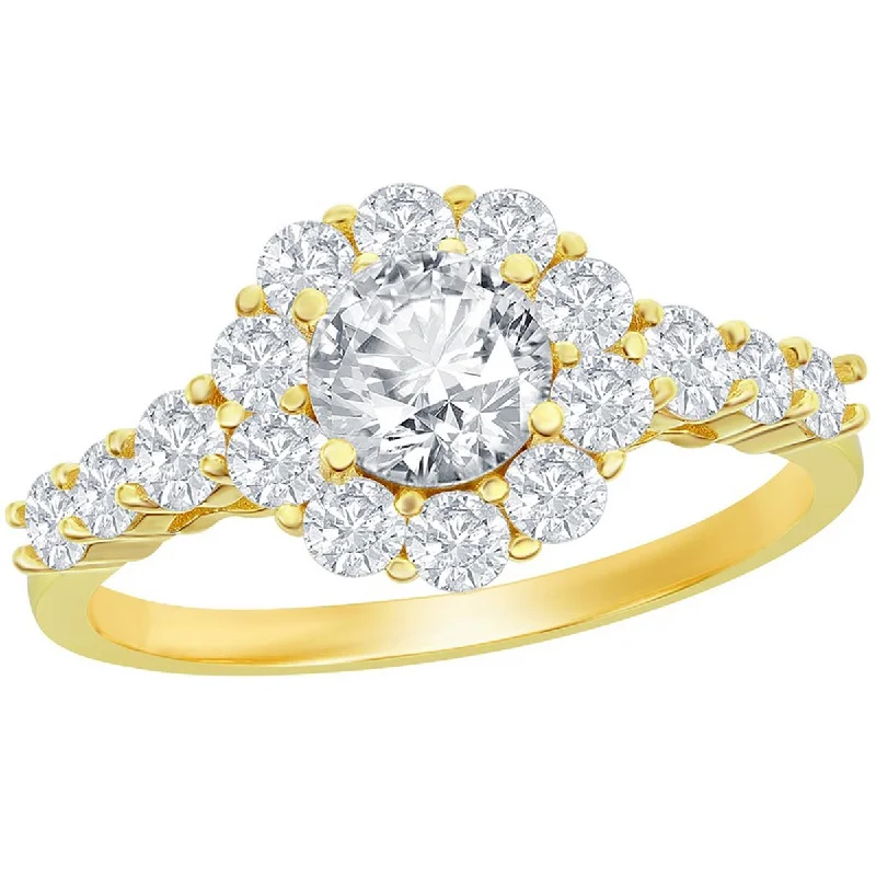 Platinum rings with sparkling sapphire center stones -Classic Women's Gold Halo CZ Flower Design Ring - W-2845