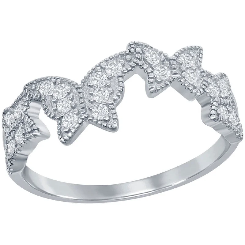 Rings with double bands for modern twist -Classic Women's Silver Clear CZ Butterfly Ring - W-8020