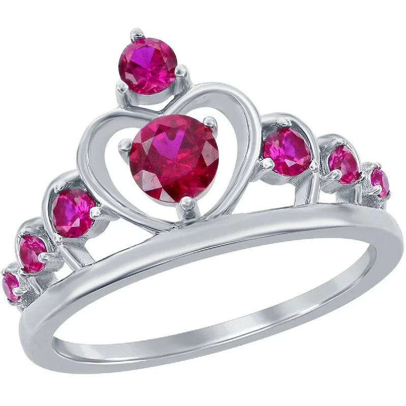 Rings with vine-wrapped bands for nature -Classic Women's Silver Ruby CZ Crown Design Ring - W-2728