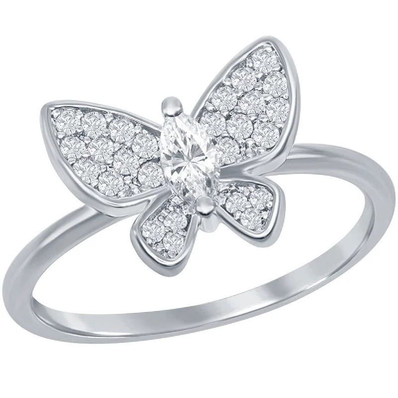 Rings with vintage claw prongs for elegance -Classic Women's Sterling Silver CZ Butterfly Ring - W-2587