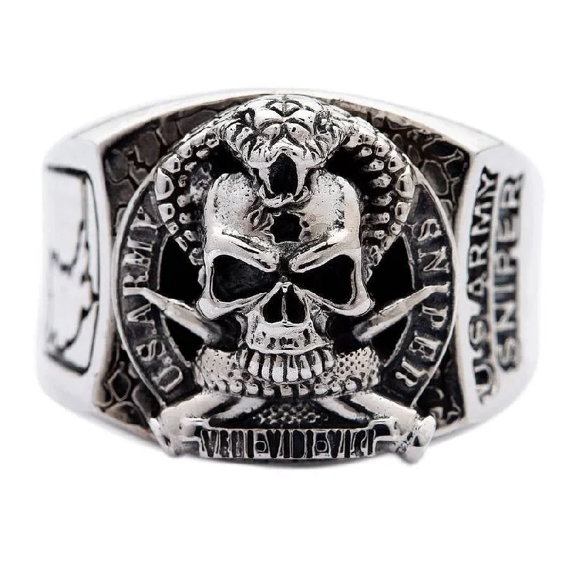 Rings with raw garnet stones for texture -Cobra Skull US Army Sniper Sterling Silver Ring