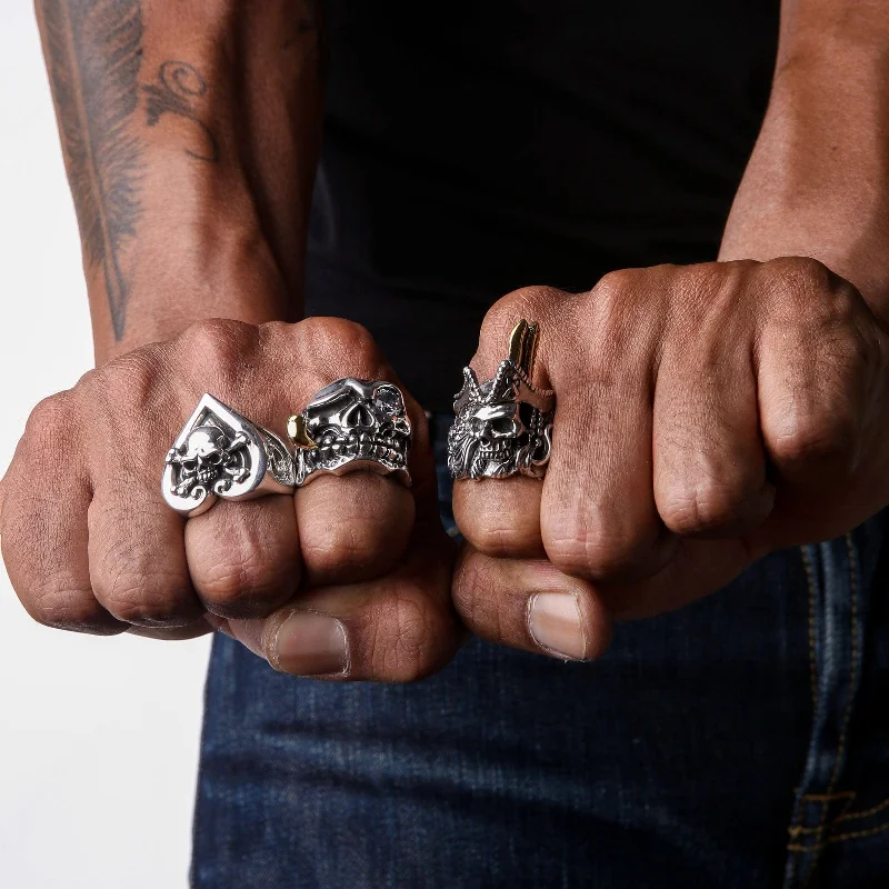 Rings with hammered silver for rustic appeal -Crossbones Heart Ace Sterling Silver Skull Ring