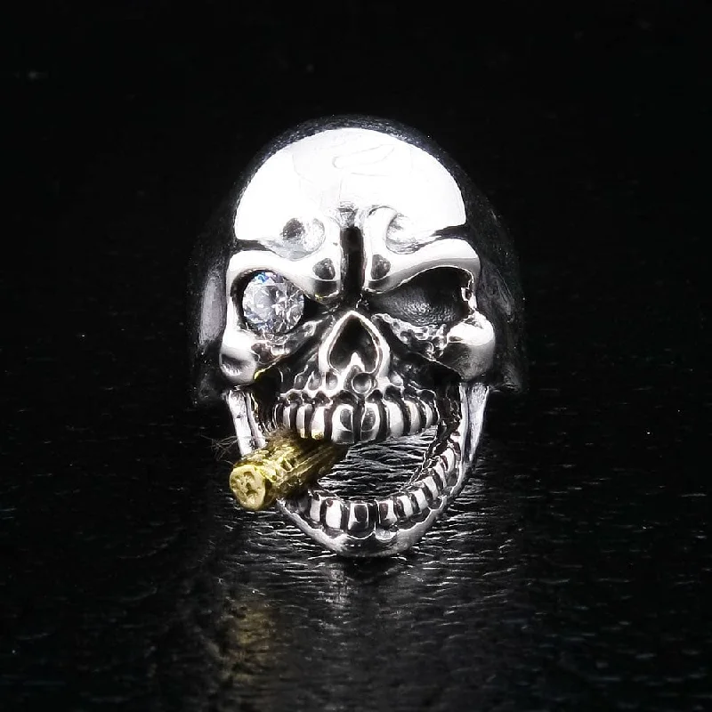 Rings with branch-inspired bands for organic -Diamond Eye Mafia Skull Sterling Silver Biker Ring