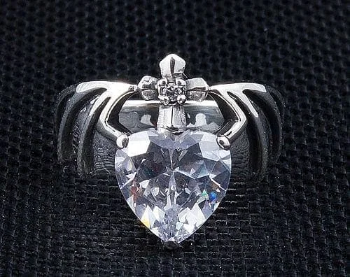 Rings with hexagon-cut stones for trendiness -Diamond Heart Bat Wings 925 Sterling Silver Gothic Ring