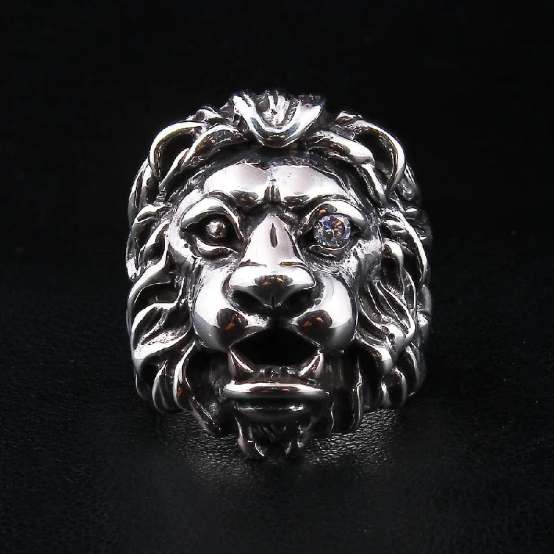 Rings with fluorite stones for rainbow shine -925 Sterling Silver Diamond Eye Lion Head Ring