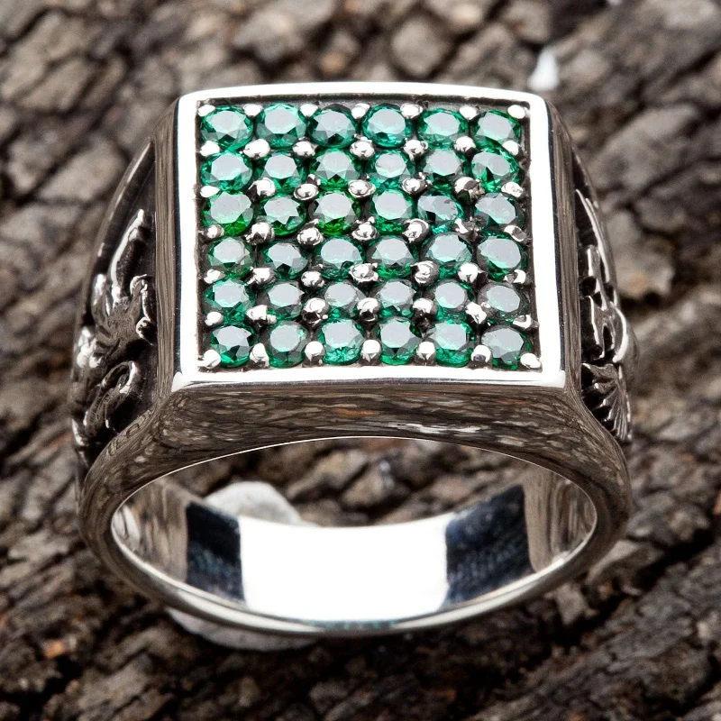 Rings with malachite stones for green patterns -Emerald Eagle Lion Army Sterling Silver Ring