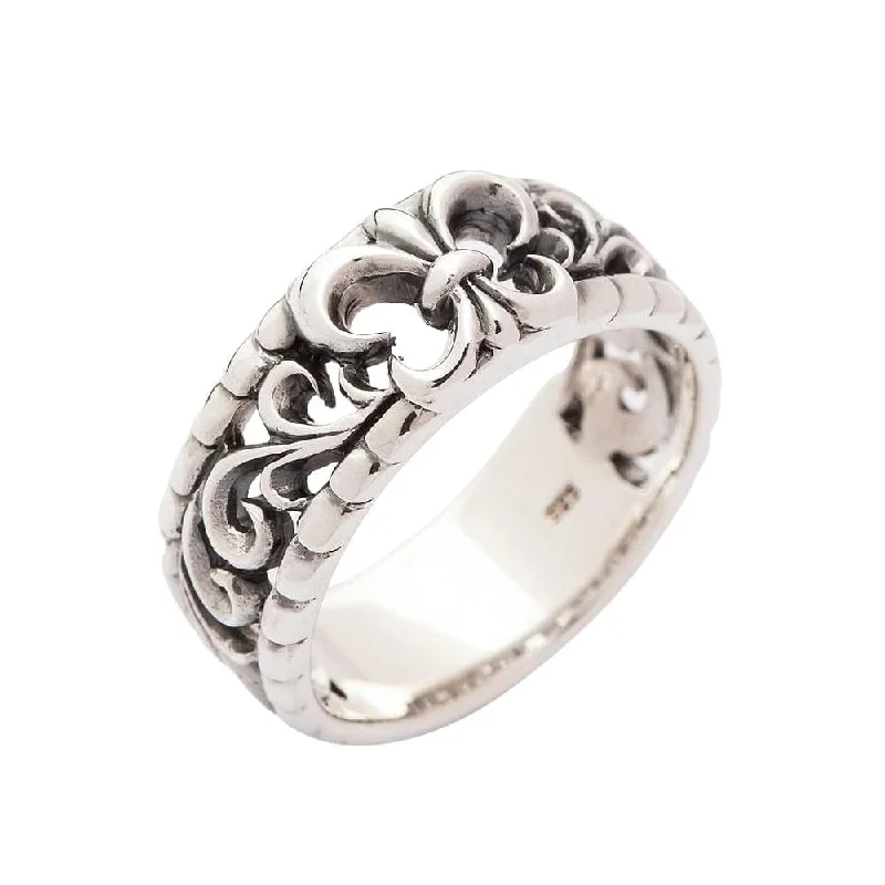 Dainty rings with subtle engraved star motifs -Fleur De Lis Sterling Silver Gothic Band Ring