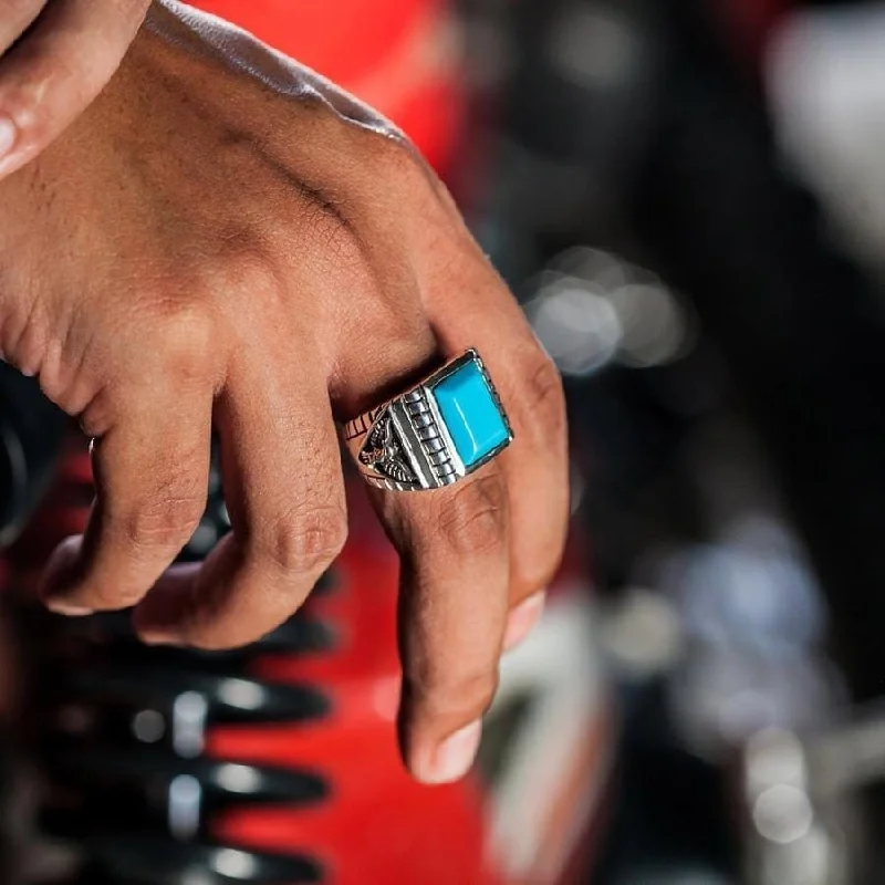 Bold rings with oversized amethyst gemstones -Genuine Turquoise Eagle Sterling Silver Men's Ring