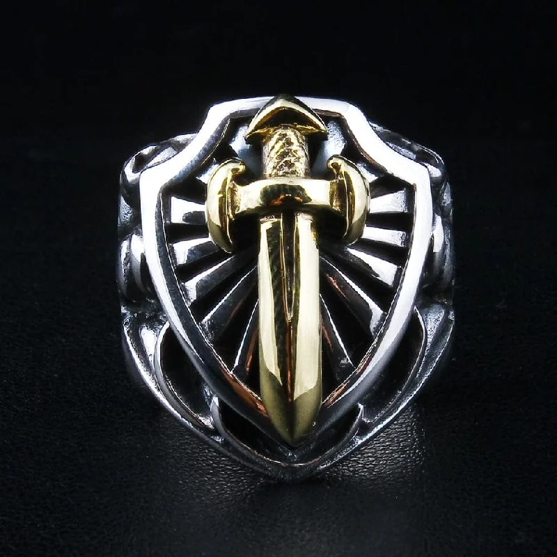 Rings with rough opal for organic shine -Gold Sword 925 Sterling Silver Heavy Men's Biker Ring