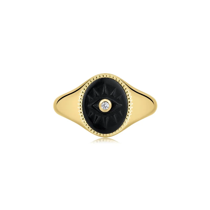 Rings with rainbow moonstone for color play -Gold Vermeil Black Turquoise Evil Eye Signet Ring