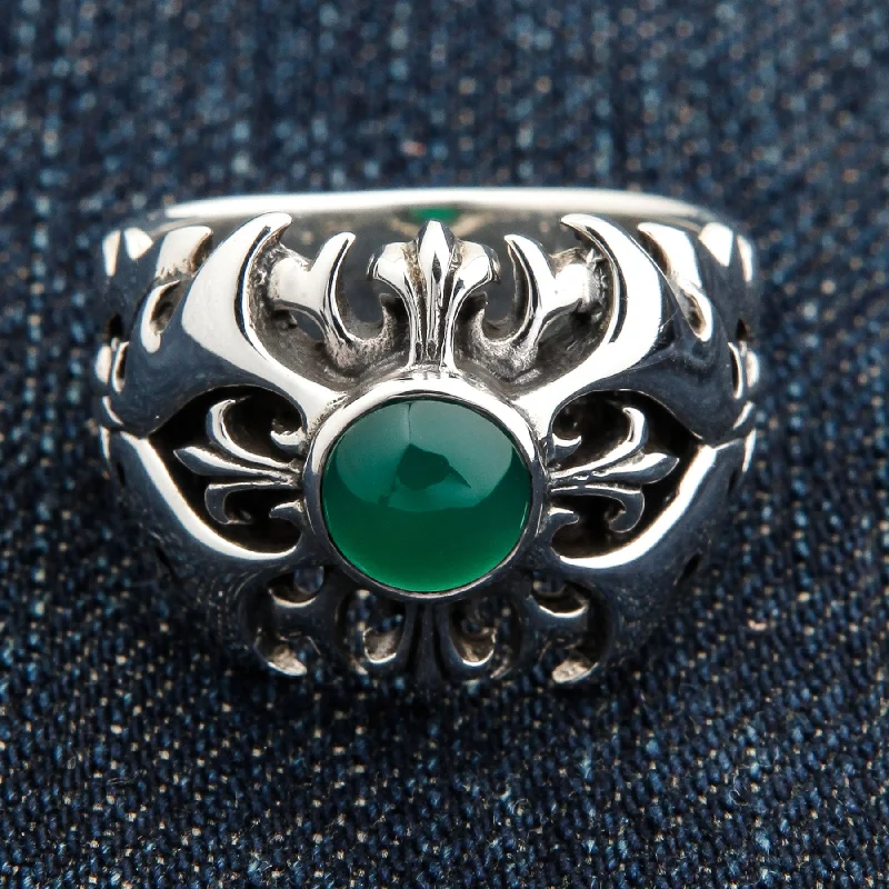 Rings with branch-inspired bands for organic -Green Agate 925 Sterling Silver Tribal Cross Men's Ring