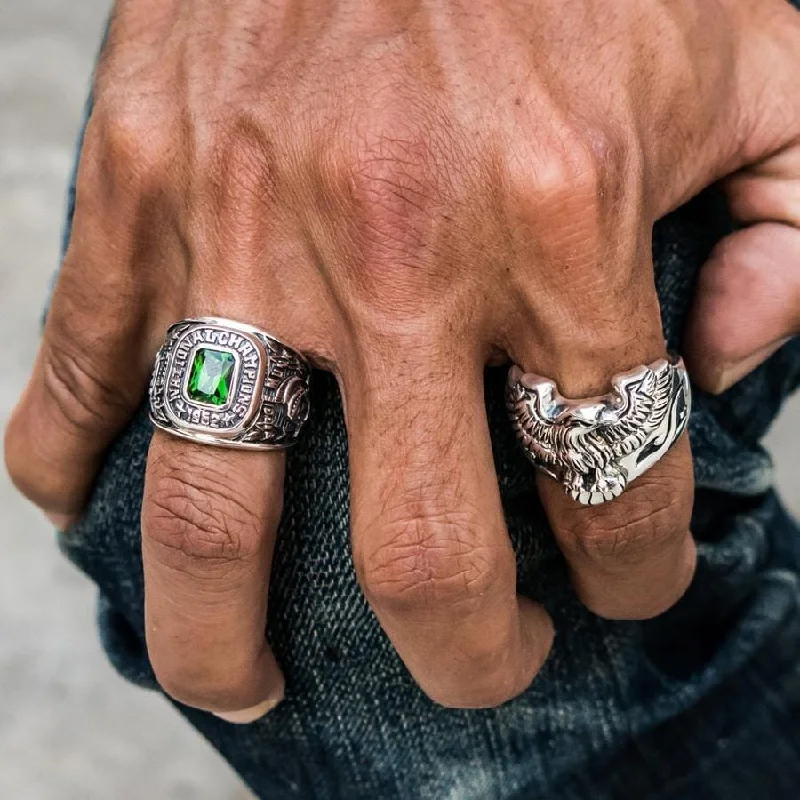 Rings with labradorite stones for mystic flash -Emerald Green Stone Sterling Silver Men's Sport Ring