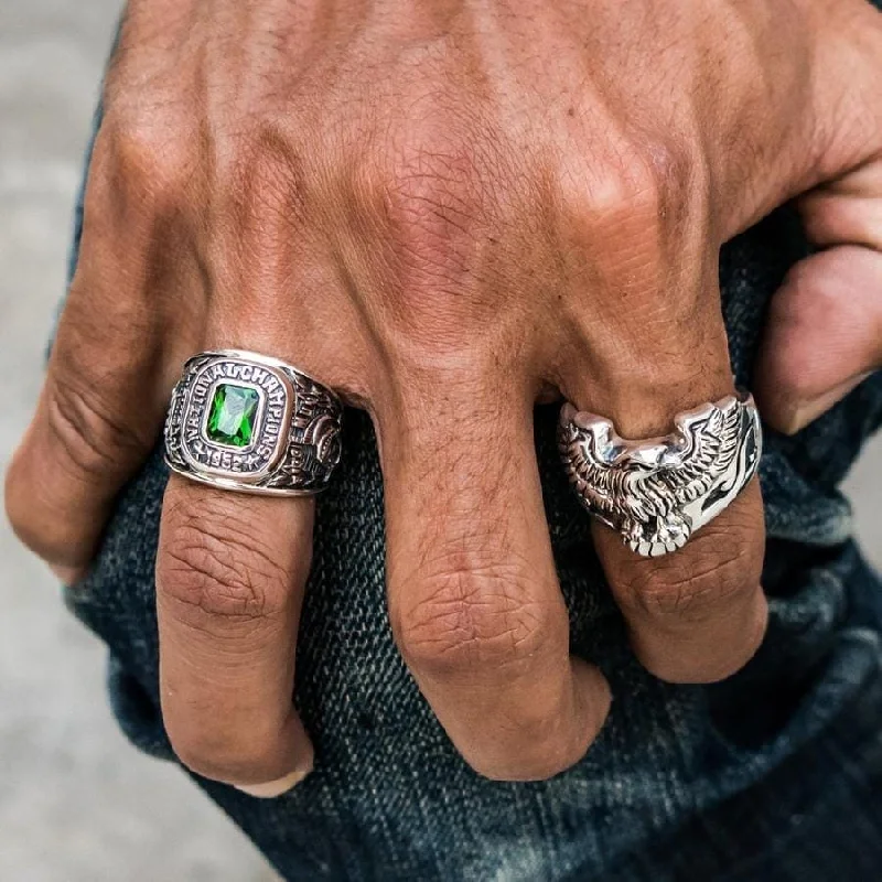 Rings with bezel-set peridot for safety -Harley Eagle Sterling Silver Biker Ring