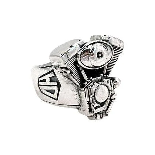 Sterling silver rings with vibrant turquoise stones -Harley Engine Sterling Silver Chopper Motorcycle Biker Ring