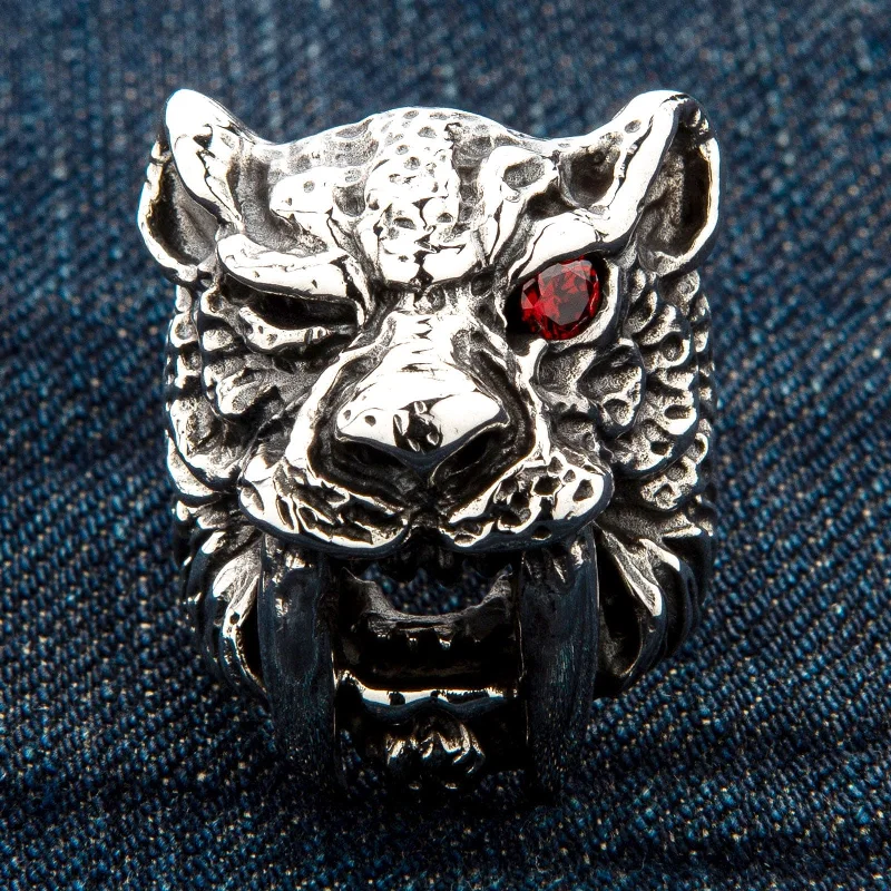 Rings with polished jade for smooth calm -Heavy Sabre Tooth Tiger Head Sterling Silver Biker Ring