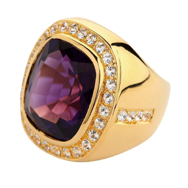 Rings with oxidized silver for antique appeal -Huge Amethyst Yellow Gold Men's Ring